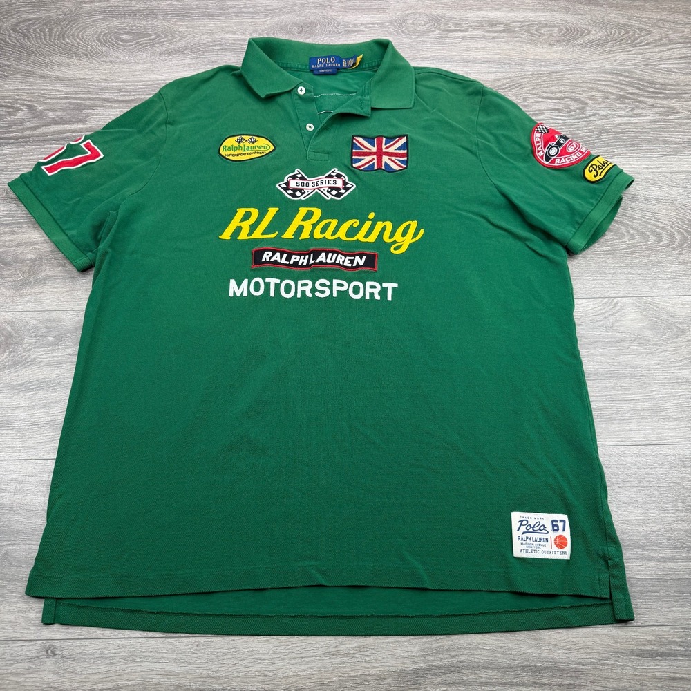 Polo Ralph Lauren RL Racing Motorsport Polo Shirt Mens XL Green Patches Classic